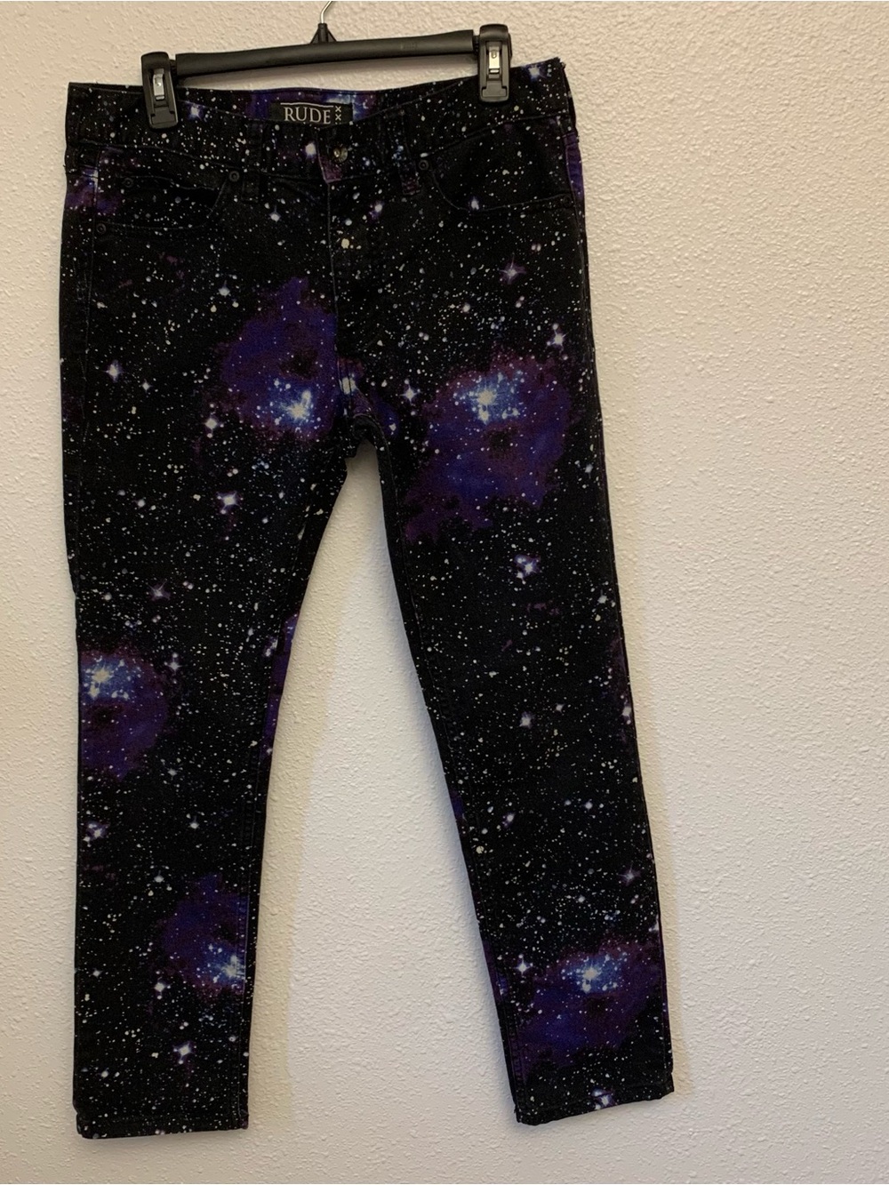 XXX RUDE Galaxy Print Skinny Jeans - Black & Purple 32” Waist-Goth, Alt, Cosmos